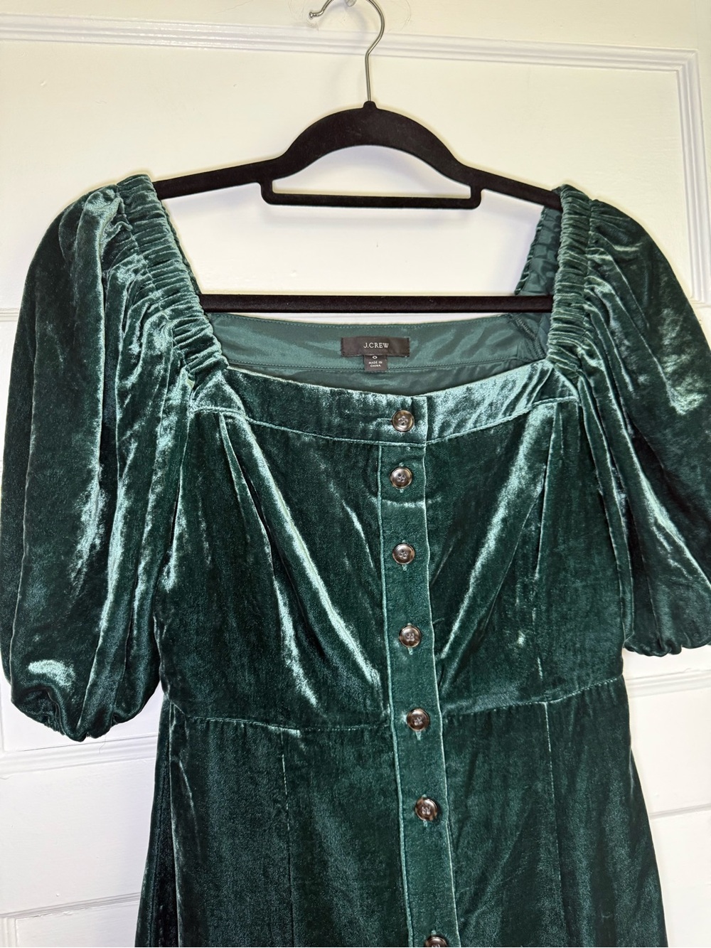 J.Crew Emerald Velvet Puff Sleeve Square-Neck Button Front Midi Dress Whimsigoth - Picture 3 of 14